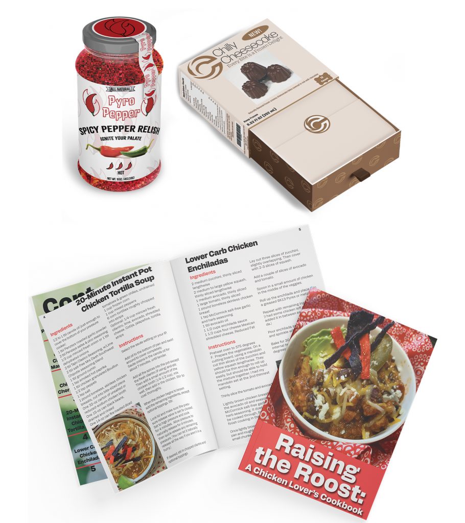 flat lay of products, Spicy Pepper Relish, Frozen Cheesecake bites, cookbook
